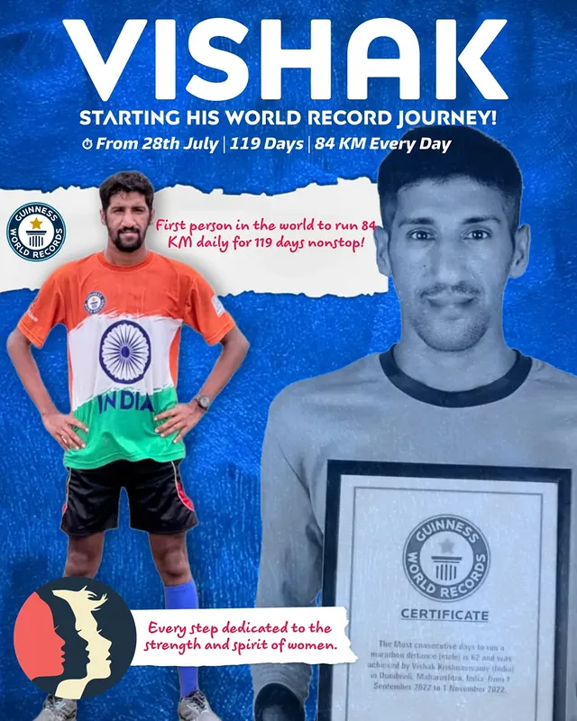 🏃‍♂️🇮🇳 You're Invited! Be Part of History in the Making! 🇮🇳 10,000kms in 119 Days Guinness World Record🏃‍♀️We are excited to kick off the Guinness World Record Attempt starting on📅 28th July 2025📍 KDMC Ground, Dombivili🕗 Time: 8:00 AM🎯 Start & Finish Point: KDMC Ground📌 Route may vary based on on-ground conditions.🏃‍♂️ Run Format:➡️ Morning: 42 km➡️ Evening: 42 kmTotal: 84 km dailyWe humbly request you to please be present at KDMC Ground to witness and support this incredible journey. You are also welcome to join the run even a few kilometers can make a big difference in motivation!This isn’t just a run – it’s a movement of endurance, empowerment, and inspiration for the entire nation.#guinnessworldrecord #dombivilikar #runnersofindia #fitnessmotivation #kdmc #athlete #motivation #running #india #athletics #pmoindia #devendrafadnavis #endurance #UltraJourneyBegins #10000kms #10000kmsin119days #kalyan #thakurli #badlapur #neral #kasara by @athletevishak