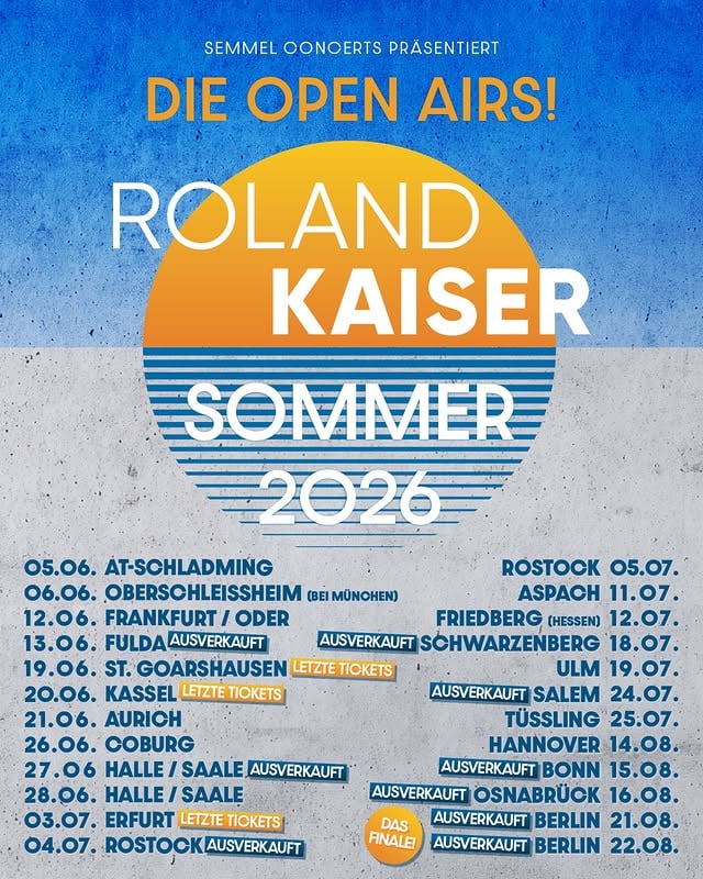 Liebe Freundinnen,liebe Freunde,meine Band und ich sind bereits in den ersten Vorbereitungen für meine anstehende Die Open Airs! Sommer 2026! – Tournee. Ich freue mich schon jetzt, Euch bei einer meiner Live-Shows in diesem Jahr zu sehen. Die Tickets sind in manchen Städten bereits vergriffen, aber eventuell werden hier und da auch noch ein paar Kontingente in den Verkauf gegeben werden können. Infos zu meinen Live-Terminen gibt es natürlich weiterhin regelmäßig hier, auf meiner Webseite www.roland-kaiser.de und natürlich über eventim.de.Ich wünsche Euch allen ein schönes Wochenende.Bis bald,Euer Roland📸 @chris.heidrich by @rolandkaiseroffiziell