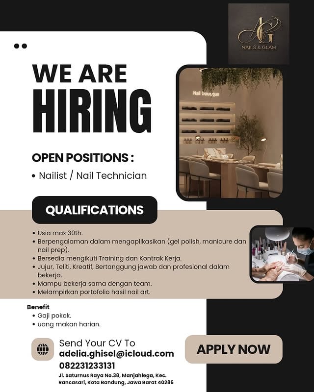 Salon Nails & Glam lagi buka kesempatan buat kamu yang punya passion di dunia nail art untuk posisi:Nailist / Nail Technician 💅Kualifikasi:• Usia maksimal 30 tahun• Berpengalaman dalam aplikasi gel polish, manicure & nail prep• Bersedia mengikuti training dan kontrak kerja• Jujur, teliti, kreatif, bertanggung jawab & profesional• Bisa bekerja sama dalam tim• Wajib melampirkan portofolio hasil nail artBenefit:• Gaji pokok• Uang makan harianKirim CV ke adelia.ghisel@icloud.com atau 082231233131📍 Lokasi:Jl. Saturnus Raya No.38, Manjahlega, Kec. Rancasari, Kota Bandung, Jawa Barat 40286Buat kamu yang ingin berkembang dan berkarier di industri kecantikan, ini saatnya tunjukin skill terbaikmu! #lokerbdg #lokerbandung #lowongankerja by @lokerbdg