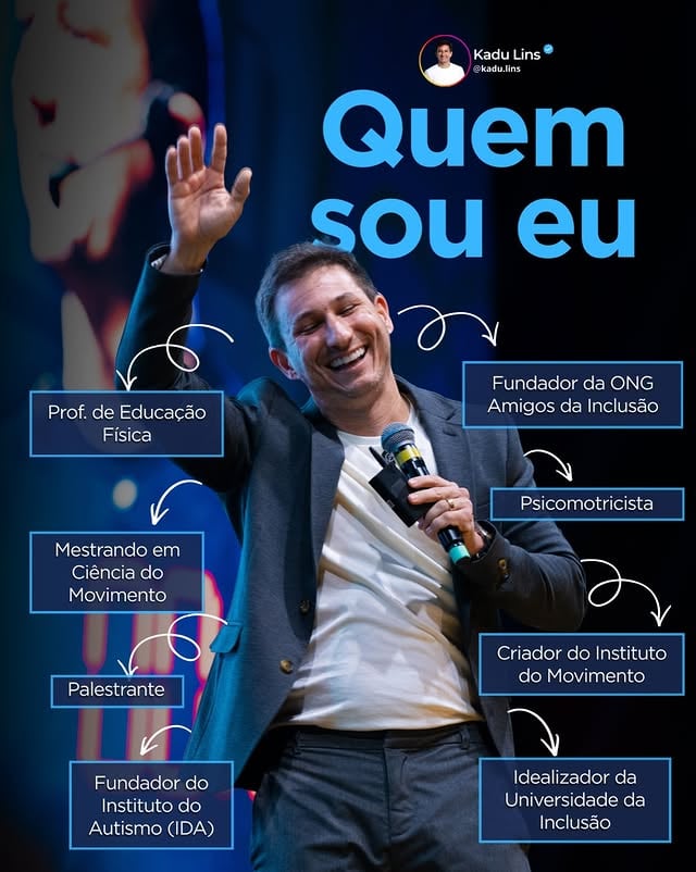 Quem sou eu?Muita gente nova tem chegado por aqui, então deixa eu me apresentar.Sou, acima de qualquer título, um cara muito abençoado por Deus. Acredito de coração que fui escolhido por Ele para viver essa missão e servir através dela.Há mais de 10 anos, caminho ao lado de autistas e de suas famílias, levando conhecimento, cuidado, acolhimento e esperança. Sempre com responsabilidade, respeito à neurodivergência e defesa da inclusão na prática.E, se hoje eu continuo firme nessa caminhada, é porque muitas mães atípicas não me deixaram desistir. Elas me inspiram, me ensinam e me lembram todos os dias por que essa missão é tão importante.Sou apaixonado pelo poder transformador do exercício físico na vida dos autistas, no desenvolvimento, na regulação, na autonomia e na qualidade de vida. Também estou à frente de projetos que unem saúde, educação e impacto social, sempre com o propósito de cuidar não só da pessoa com deficiência, mas também da sua família.Sou alguém que acredita que lugar de autista é onde ele quiser e que a inclusão precisa sair do discurso e acontecer de verdade.E, acima de tudo, sou pai do Rafael, a missão mais importante da minha vida.Sejam muito bem-vindos por aqui. by @kadu.lins