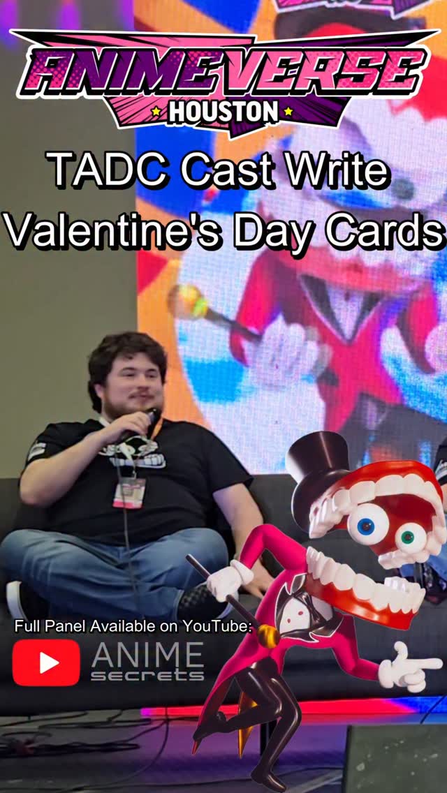 Voice actors from The Amazing Digital Circus answer a fan question at Animeverse Houston about what their characters would write on Valentine’s Day cards.The answers from the cast of Kane, Jax, and Ragatha are hilarious — especially Kane’s message.Full panel available on the Anime Secrets YouTube channel.Filmed at Animeverse Houston 2026#amazingdigitalcircus #digitalcircus #jax #ragatha #tadc