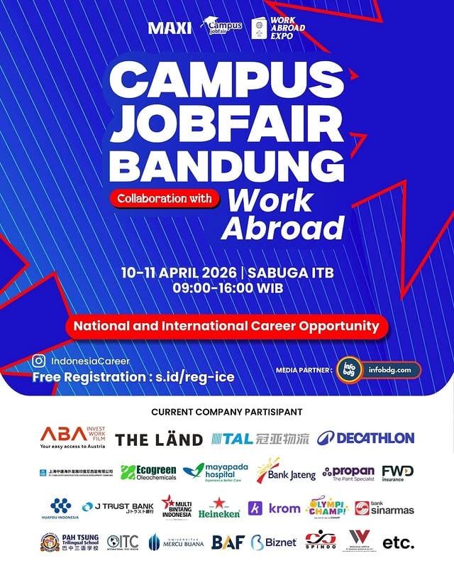 Lagi mikirin karier setelah lulus? Atau lagi cari peluang baru? 👀Campus Jobfair Bandung @indonesiacareer hadir lagi, kali ini bareng program Work Abroad yang buka kesempatan karier sampai ke luar negeri!Di sini kamu bisa:• Cari peluang kerja nasional & internasional• Bangun koneksi profesional• Explore kesempatan kerja global📅 10–11 April 2026📍 SABUGA ITB, Bandung⏰ 09.00 – 16.00 WIBTerbuka untuk mahasiswa & fresh graduate dari berbagai jurusan. Dan yang paling penting… GRATIS!🎟 Daftar sekarang: s.id/reg-iceSaatnya ambil langkah pertama buat masa depan karier kamu. Jangan sampai kelewat ya!#CampusJobfair #JobfairBandung #KarierImpian #FreshGraduate #LowonganKerja WorkAbroad CareerOpportunity by @lokerbdg