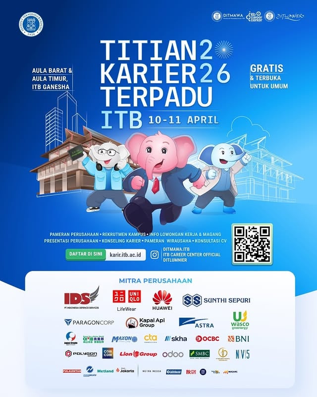 Masih scroll lowongan tapi belum nemu yang cocok? Atau pengen langsung connect sama perusahaan impian? Ini waktunya!Titian Karier Terpadu ITB 2026 balik lagi! Bukan sekadar job fair, tapi tempat kamu buka peluang lebih luas buat karier ke depan 👀Di sini kamu bisa:• Ketemu langsung perusahaan top• Cari info kerja & magang• Ikut presentasi perusahaan (bisa tanya langsung!)• Konseling karier & review CV• Bangun networking yang beneran kepake📅 10–11 April 2026📍 Aula Barat & Aula Timur, ITB GaneshaGRATIS & terbuka untuk umumPendaftaran: karir.itb.ac.idTag temen kamu yang lagi butuh kerja biar nggak datang sendirian 😆#TitianKarierITB #JobFairITB #CareerFair #LowonganKerja #Magang2026 FreshGraduate ITBCareerCenter GenZCareer CariKerja YangAsliYangDiGanesha by @lokerbdg