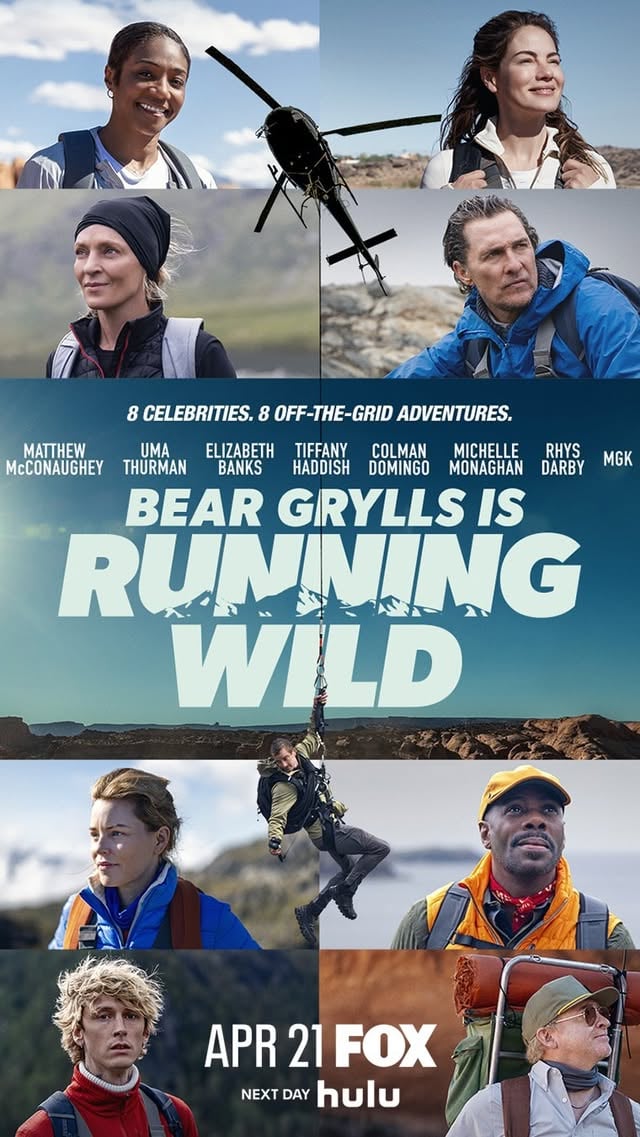 This is arguably the biggest and best season of @runningwild we have ever done - and it’s on the biggest channel in America! Be ready… here we go @foxtv @skytv & @hulu - thank you for your belief in this show and in the power of the outdoors to challenge and build us. It was so fun to take these superstars into my office! @officiallymcconaughey @rhysiedarby @michellemonaghan @tiffanyhaddish @umathurman @elizabethbanks @machinegunkelly @kingofbingo by @beargrylls