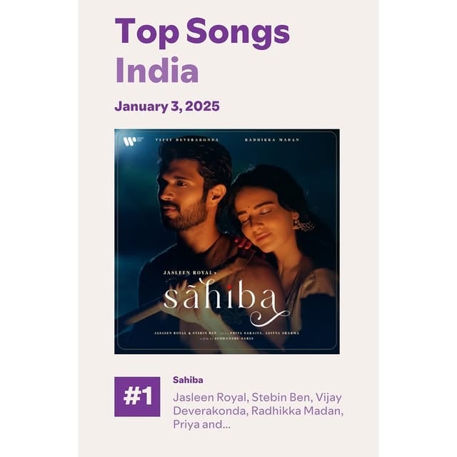 Sahiba is officially #1 🥹2025 has already started being special for me! ✨A photo dump reliving all the memories of Sahiba. #Grateful. ♥️1st: Sahiba ruling hearts and how? 2nd: Lights, camera, and pose 😁 @thedeverakonda3rd: The one with the Sahiba 🌻 @radhikkamadan4th: Two years ago, this was the start of Sahiba that changed everything for good. ✨ @priyasaraiyaofficial5th: @maahir_as words complete my melodies. 🥰6th: The soul of Sahiba 🤗 @stebinben7th :Thank you @iamsuds for bringing Sahiba to life. 🫂 8th: My partner in crime, on the court and off the court too. 😄 @yash32229th: Life is sweet when you cut your cake and eat it too. 😋 @jaymehtagram @gauravxwadhwa And a huge thanks to each and everyone who is a part of this mad journey!! @musicwaala @theghatak @curlyandtwisted @anishagaba @spotifyindia #jasleenroyal #jasleen by @jasleenroyal