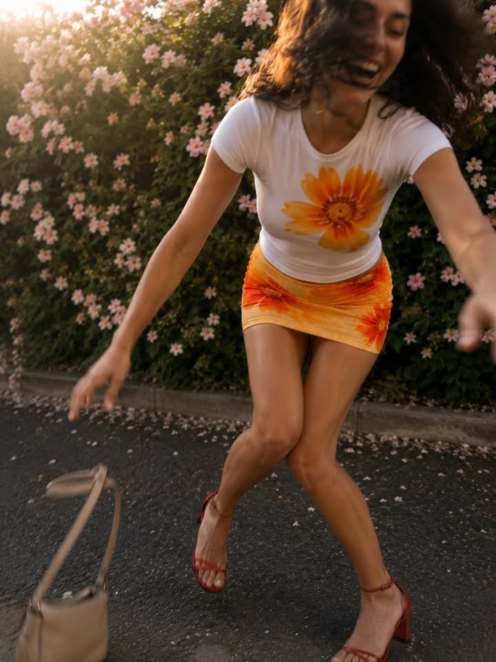 A candid lifestyle series of digital creator Lolly enjoying a sunny golden hour in a Milanese garden. She is wearing a vibrant, colorful floral micro-skirt and a floral crop top, posing with playful energy and confident looks in front of a blooming pink rose bush. The images capture her joyful and magnetic personality in an authentic city setting.