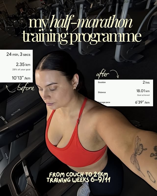 The main graft is over, now we’re peeling things back which is great because I’d like to feel my legs again! 🏃🏻‍♀️The last few weeks of the half marathon training plan have TESTED my mental, my body, my patience & everything in between. I’ve never had a “goal” to work towards that wasn’t rooted in my appearance, and boy did I think I was going to breeze through this. AND BOY WAS I WRONG 🤣 Last long run done before the half; I genuinely came into this plan thinking sub-2 could have been possible and I was quickly humbled and also, realised that the most important thing is progress & enjoying the journey and not putting unnecessary amount of pressure on yourself!!! Social media can make you compare yourself to Olympic athletes and think you can achieve the same, lols at me. I am somebody that tries something new, realises she’s not the best in the world at it and moves onto the next thing. Almost chasing a “talent”, so the fact I didn’t quit, I kept going through the PAIN, CHAFING, SHIN SPLINTS, SWEAT BURNING IN MY EYES makes me feel really accomplished to be completely honest with you.All of this to become an average runner hehe, but we’re keeping this going 🤍Wearing @womensbest in all of my pics (the define bras have been great for running, yes even for the big chest girlies) dc: WIKTORIA #runningjourney #halfmarathontraining🏃🏻‍♀️ #girlswhorun by @wiktoriaryczko