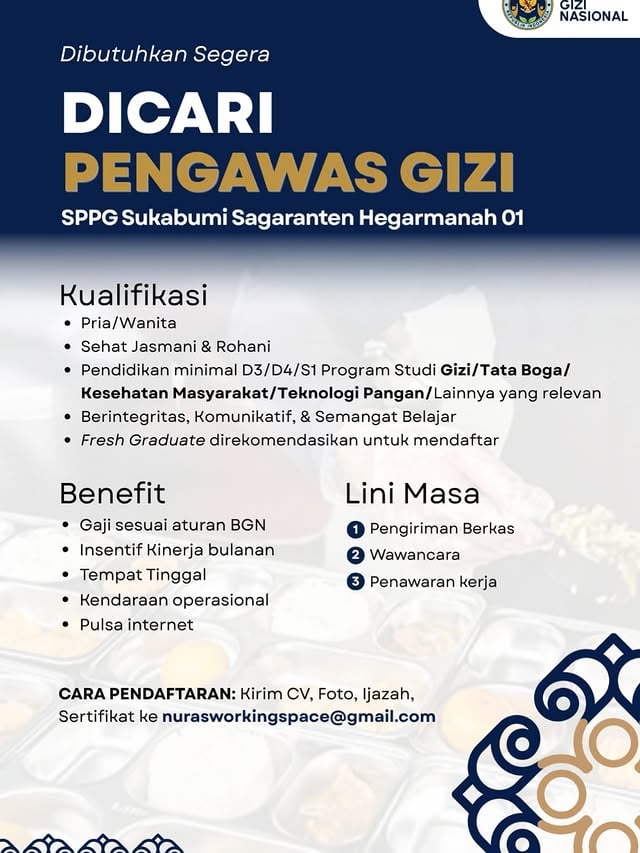 🚨 URGENTLY NEEDED!Dibutuhkan segera Pengawas Gizi untuk penempatan di wilayah Sukabumi (SPPG Sukabumi Sagaranten Hegarmanah 01).💼 Posisi ini cocok untuk kamu yang memiliki latar belakang di bidang gizi, pangan, atau kesehatan, dan ingin berkontribusi langsung dalam program yang berdampak ke masyarakat.📩 Cara daftar:Kirim CV, foto, ijazah, dan sertifikat ke:📧 nurasworkingspace@gmail.comBuat kamu yang siap kerja cepat dan ingin punya peran nyata di bidang gizi masyarakat, ini kesempatan yang sayang banget untuk dilewatkan! #lokerbdg #lokerbandung #lowongankerja by @lokerbdg