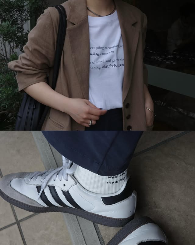 ⁡カフェで買った靴下が可愛かった…！ラフになりがちなTシャツ×スニーカーコーデ、メガネとかで少しシャープさを出すのが好きだなあ👟jacket : crewre｜コットンリネンシングルジャケット/size3top : crewre｜re:construct デザインTシャツ/size3 (5/16 22:00~release)bottom : UNIQLOglasses : Zoffearring : crewre｜グロッシーペブルイヤリングnecklace : GALLARDA GALANTEbag : YURTshoes : adidas by @cospashionyurie
