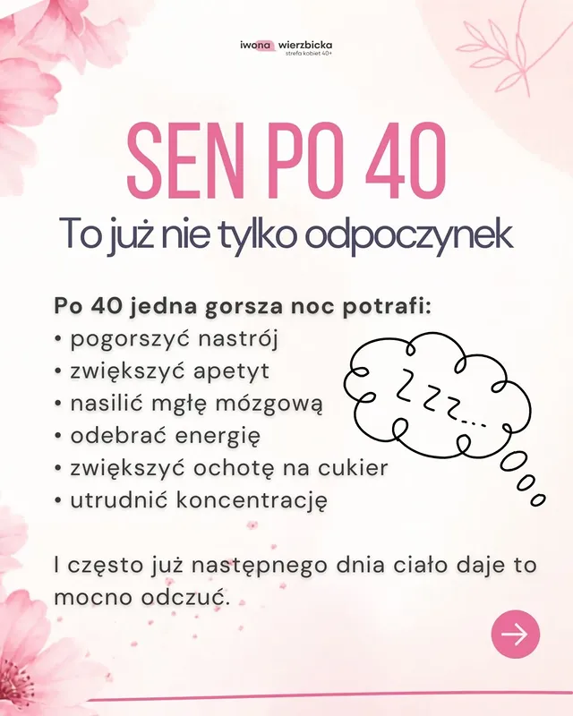 𝙋𝙤 𝟰𝟬 𝙧𝙚𝙜𝙚𝙣𝙚𝙧𝙖𝙘𝙟𝙖 𝙯𝙖𝙘𝙯𝙮𝙣𝙖 𝙬𝙮𝙜𝙡𝙖̨𝙙𝙖𝙘́ 𝙞𝙣𝙖𝙘𝙯𝙚𝙟 𝙣𝙞𝙯̇ 𝙟𝙚𝙨𝙯𝙘𝙯𝙚 𝙣𝙞𝙚𝙙𝙖𝙬𝙣𝙤🥱Kiedyś można było zarwać noc, odespać w weekend i działać dalej.Dziś jedna słabsza noc potrafi odbić się na całym kolejnym dniu.Nagle pojawia się większy apetyt, ochota na słodkie, mgła mózgowa, rozdrażnienie i brak energii nawet do prostych rzeczy.Bardzo często organizm po prostu nie nadąża z regeneracją.Po 40 układ nerwowy dużo mocniej reaguje na przeciążenie.Kortyzol łatwiej się podnosi i trudniej wraca do normy.Do tego dochodzą zmiany hormonalne związane z perimenopauzą i menopauzą.I nagle okazuje się, że ciągły stres, siedzenie do późna, telefon przed snem i brak odpoczynku zaczynają bardzo mocno odbijać się na zdrowiu.𝘽𝙤 𝙨𝙚𝙣 𝙩𝙤 𝙣𝙞𝙚 𝙩𝙮𝙡𝙠𝙤 𝙤𝙙𝙥𝙤𝙘𝙯𝙮𝙣𝙚𝙠‼️W czasie snu organizm regeneruje układ nerwowy, stabilizuje hormony, poprawia wrażliwość insulinową i wspiera regenerację mózgu oraz mięśni.Dlatego po 40 sen przestaje być luksusem.Staje się fundamentem zdrowia 💛I bardzo często właśnie od poprawy snu zaczyna się:więcej energii, spokojniejsza głowa, łatwiejsze chudnięcie i lepsze samopoczucie.💬 𝘼 𝙏𝙮? 𝙅𝙖𝙠 𝙧𝙚𝙖𝙜𝙪𝙟𝙚𝙨𝙯 𝙥𝙤 𝙟𝙚𝙙𝙣𝙚𝙟 𝙨ł𝙖𝙗𝙨𝙯𝙚𝙟 𝙣𝙤𝙘𝙮? 👇#kobieta40plus #sen #regeneracja #perimenopauza #kortyzol by @wierzbicka_zdrowie40plus