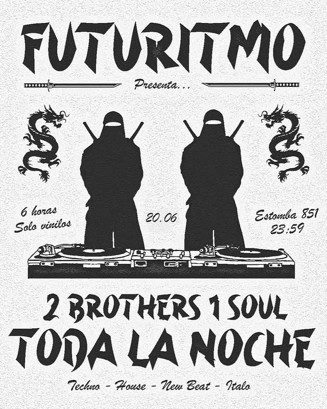 FUTURITMO Presenta: 2 Brothers 1 Soul.Diez años no son solo tiempo; son una acumulación de surcos, aprendizaje y una búsqueda incansable por lo que es real.Hoy, después de una década de proteger nuestro sonido de las modas y los algoritmos, decidimos abrir el portal de nuestra casa una vez mas, pero esta vez somos los encargados de contar nuestra historia de principio a fin, unidos como una sola alma dividida en dos bandejas. Seis horas de viaje analógico para recordar que la música no tiene tiempo, que el ritmo es ancestral y que la autenticidad es la única forma de libertad que nos queda.Esto es más que una fiesta. Es un ritual de agradecimiento a los que estuvieron, a los que están en carne y hueso, y a la música que nos salvó y nos despertó.20.06 | Estomba 851 | 23:59hsSolo vinilos. Toda la noche. by @otrahistoriaclubcultural