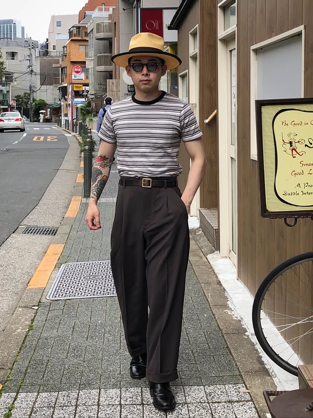 ⁡⁡Border T-shirt with trousers!⁡⁡Border Pocket T-ShirtGlitter 2Tuck TrousersBraid Hat "YORK"30mm Garrison Belt⁡⁡⁡⁡⁡⁡⁡⁡⁡#drybones #vintagestyle #vintage #50s #ドライボーンズ by @drybones_tokyo