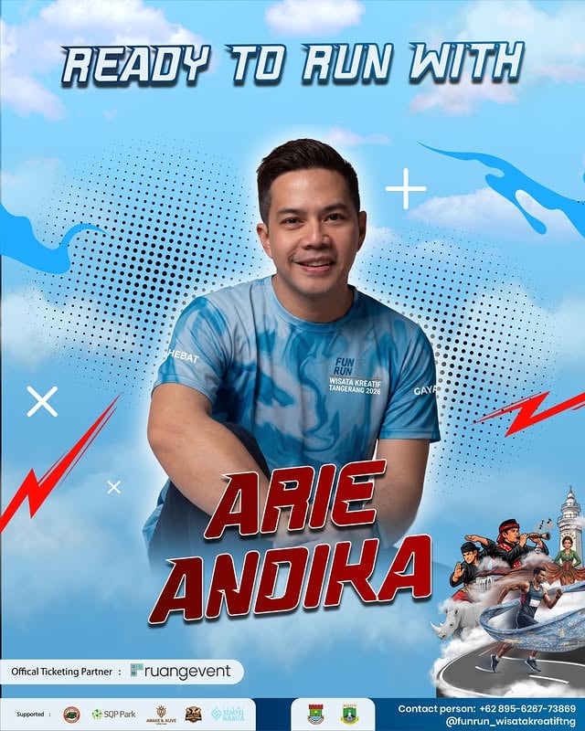 READY TO RUN WITH ARIE ANDIKAFun Run Wisata Kreatif Tangerang 5K 2026 siap makin seru bareng @arieandika10 Saatnya nikmati pengalaman lari penuh energi positif, hiburan, dan semangat kebersamaan di event paling kreatif tahun ini Siap jadi bagian dari langkah seru bersama ribuan runners lainnya? 📅 Minggu, 7 Juni 2026📍 Scientia Square Park Summarecon Serpong Tangerang#FunRunTangerang #ArieAndika #FunRun5K #SportTourism #WKTFunRun2026 by @arieandika10
