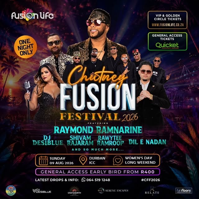 This is the one the group chat needs to stop discussing and start booking.One night only at Durban ICC.Women’s Day weekend.Raymond Ramnarine, Dil E Nadan, Shivam Rajaram, Rawytee Ramroop, DJ Desiblue and more.Durban, this is home ground.Jozi and Pretoria, this is your road trip warning.Early bird is almost gone.WhatsApp 064 519 1248 for ticket info.General Access: https://qkt.io/CFF2026⁠�VIP and Golden Circle: https://ticket.fusionlife.co.za/tc-events/chutney-fusion-festival-2026/⁠#cff2026 #chutneyfusionfestival #raymondramnarine #chutneysoca #djdesiblue by @raymondramnarine