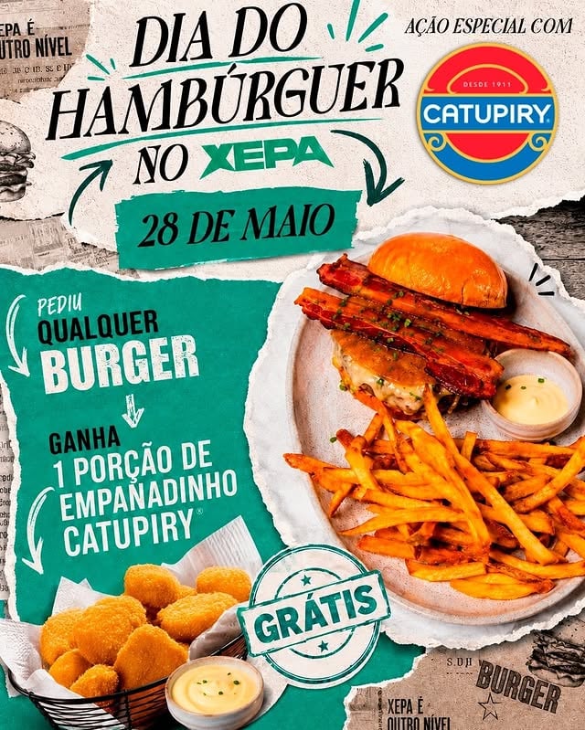 DIA DO HAMBÚRGUER no XEPA 🍔🔥Quinta, dia 28, pediu qualquer burger no salão ou no delivery?ganhou 1 porção de empanadinho de Catupiry por nossa conta 😮‍💨Só no Dia do Hambúrguer.Válido enquanto durar o estoque.📍 R. Jaguaribe, 529 – Santa Cecília – São Paulo by @xepabr
