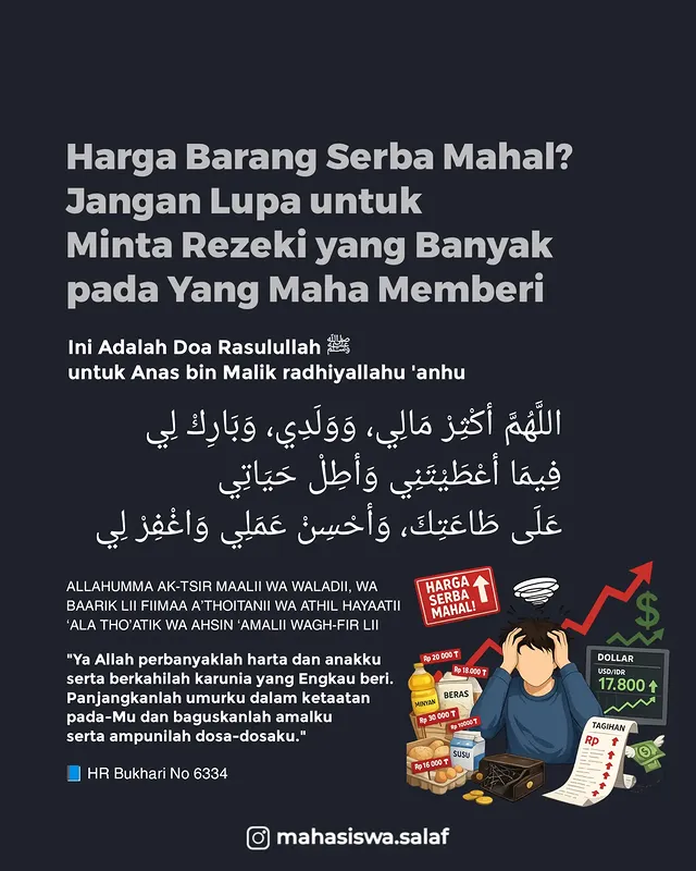 Ayo tetap semangat berusaha sambil mengamalkan doa di atas, serahkan hasilnya pada Allah Azza wa jalla. Himpitan ekonomi terkadang membuat kita panik dan gelisah. Namun jangan khawatir, selama masih bisa berdoa, tandanya Allah masih meberikan kita rezeki. Referensi : HSI ustadz Abdullah Roy📸 @mahasiswa.salaf#doa #doaharian #mahasiswasalaf by @mahasiswa.salaf