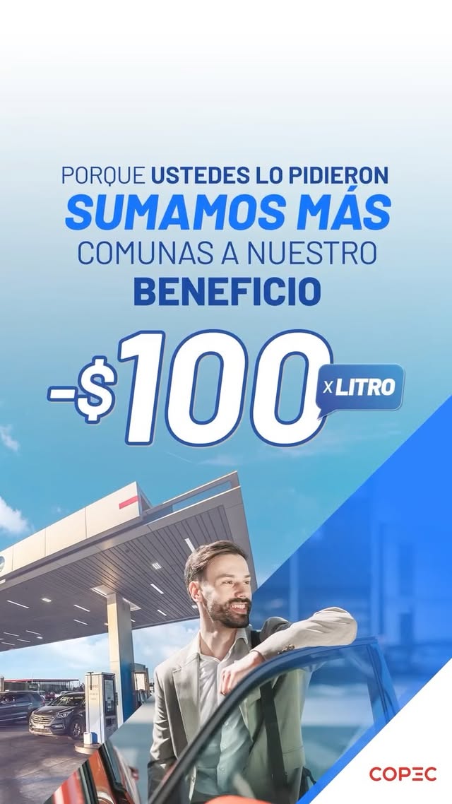 Ustedes hablaron… y nosotros ampliamos el mapa 👀⛽️💙Pasamos de 16 a 32 comunas diarias para que más personas puedan aprovechar el beneficio de -$100 x litro 🚗Y sí: ✔️ aplica con TODO medio de pago ✔️ es acumulable con otros descuentos ✔️ disponible en gasolinas 93, 95 y 97⏰ Todos los días a las 9:00 hrs. anunciaremos las comunas seleccionadas. ¿La tuya esta hoy? Recuerda estar atento/a a nuestras redes oficiales 💙#Copec by @copec_cl