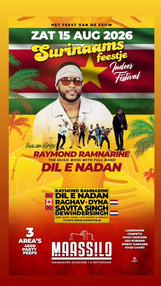 🇸🇷🔥 ROTTERDAM, ARE YOU READY?! 🔥The biggest Indo Caribbean Artist is coming to the Surinamese festival to shut the city DOWN! 🎉💃🏽🕺🏽📅 SATURDAY 15 AUG 2026📍 MAASSILO – Rotterdam3 AREA’S • 4000 PARTY PEOPLE • LASERS • CONFETTI • FOOD COURT • PURE VIBES 🚀✨This is not just a party… this is 🇸🇷 SURINAAMS FEESTJE 🇸🇷Get your crew ready and let’s make memories for the books! ❤️💛💚#SurinaamsFeestje #Rotterdam #RaymondRamnarine #DilENadan #ChutneyVibes by @raymondramnarine