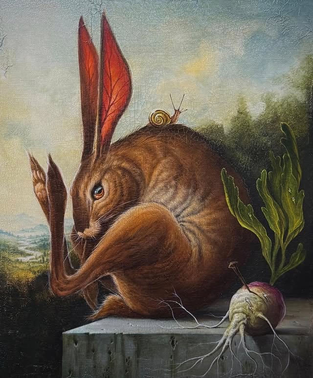 The stunning Fables and Folklore group exhibition opens in only two days time at @NannyGoatGallery! Join them this Friday night between 6-9pm on 215 N Water Street in Downtown Petaluma, USA, for drinks and what will surely be a fantastic show! Please send any questions or inquiries to hello@nannygoatgallery.com. Ask about their payment plans! Featured: new acrylic on linen painting “The Hare, the Snail and the Nailed Turnip” by @veksvanhillik by @beautifulbizarremagazine