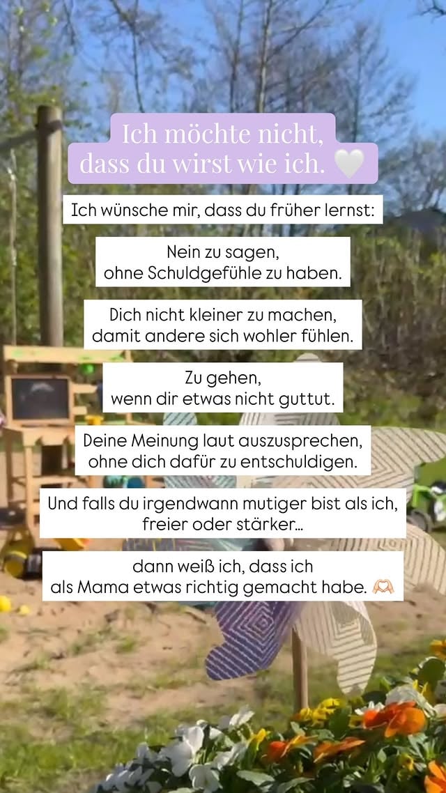Vielleicht ist das eine der größten Hoffnungen als Mama: 🤍Dass unsere Kinder nicht all die Dinge mit sich herumtragen müssen,die uns selbst so lange schwer gemacht haben.Dass sie Grenzen setzen können.Sich selbst vertrauen.Laut träumen.Und sich niemals kleiner machen,nur um irgendwo dazuzugehören.Und vielleicht bedeutet Heilung manchmal genau das:Dass unsere Kinder freier aufwachsen dürfen als wir selbst. ✨Gesehen bei @anna_ab92#mamaleben #tochter #elternsein #innereskind #echtemamas