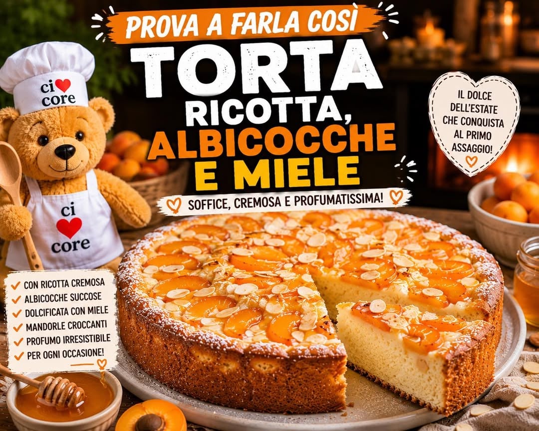 Torta Ricotta, Albicocche e MieleUna torta estiva, cremosa e profumatissima. L’abbinamento ricotta, miele e albicocche è poco sfruttato sui social e può distinguerti.Ingredienti* 250 g di ricotta vaccina* 3 uova* 150 g di miele millefiori* 80 ml di olio di semi* 250 g di farina 00* 8 albicocche mature* 1 bustina di lievito* Scorza di 1 limone* Mandorle a lamelle q.b.Procedimento1. Monta le uova con il miele.2. Aggiungi ricotta e olio.3. Unisci farina, lievito e scorza di limone.4. Versa il composto nello stampo.5. Disponi le albicocche a spicchi sulla superficie.6. Completa con mandorle a lamelle.7. Cuoci a 175°C per circa 40 minuti.8. A fine cottura spennella con un velo di miele.#TortaRicotta #Albicocche #Miele #DolciFattiInCasa #RicetteEstive #TortaSoffice #ChefSimoneBuzzi #ciaocore by @chef_simone_buzzi