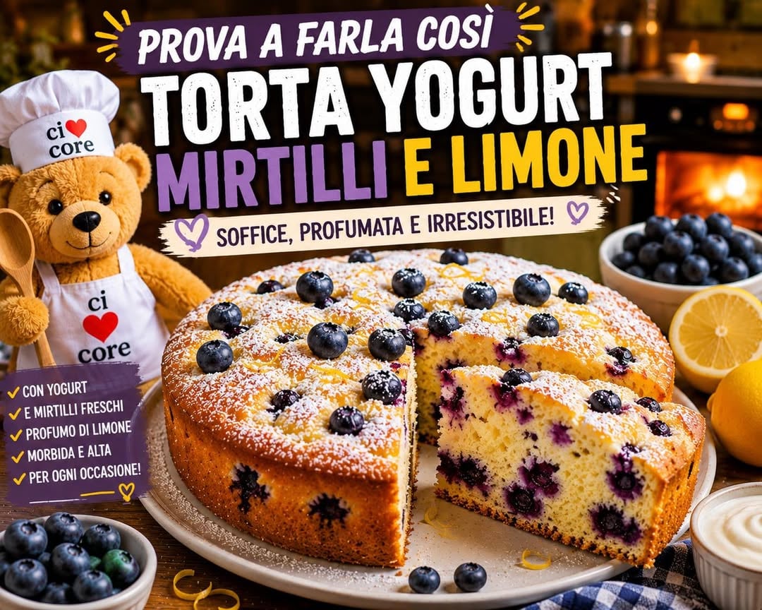 Torta Yogurt, Mirtilli e LimoneUna torta freschissima, soffice e molto elegante. I mirtilli danno un bellissimo effetto nelle foto e attirano sempre l’attenzione.Ingredienti* 3 uova* 180 g di zucchero* 250 g di yogurt bianco* 100 ml di olio di semi* 280 g di farina 00* 200 g di mirtilli freschi* Scorza di 2 limoni* 1 bustina di lievito per dolci* Zucchero a velo q.b.Procedimento1. Monta le uova con lo zucchero.2. Aggiungi yogurt, olio e scorza di limone.3. Unisci farina e lievito.4. Aggiungi delicatamente i mirtilli.5. Versa nello stampo.6. Cuoci a 175°C per circa 40 minuti.7. Lascia raffreddare e completa con zucchero a velo.Titolo copertinaPROVA A FARLA COSÌTORTA YOGURT MIRTILLI E LIMONETesto per il postMorbida, profumata e piena di frutta.Una torta semplice che conquista al primo assaggio e rende speciale qualsiasi colazione.Salva la ricetta e provala anche tu!#TortaYogurt #Mirtilli #DolciFattiInCasa #TortaAlLimone #RicetteDolci #ColazionePerfetta #ChefSimoneBuzzi #ciaocore by @chef_simone_buzzi