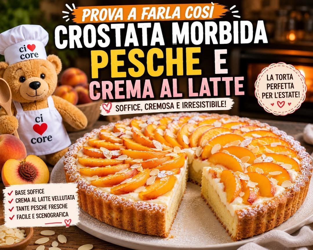 Crostata Morbida Pesche e Crema al LatteUna torta estiva che sembra uscita da una pasticceria. Morbida, cremosa e super scenografica.Ingredienti per la base* 3 uova* 150 g di zucchero* 100 ml di latte* 80 ml di olio di semi* 220 g di farina 00* 1 bustina di lievitoPer la crema al latte* 400 ml di latte* 40 g di amido di mais* 80 g di zucchero* 100 ml di panna frescaPer decorare* 3 pesche gialle* Mandorle a lamelle* Zucchero a veloProcedimento1. Prepara la base e cuocila in uno stampo da crostata morbida a 175°C per 25 minuti.2. Prepara la crema al latte facendo addensare latte, zucchero e amido.3. Lascia raffreddare e incorpora la panna montata.4. Riempi la base con la crema.5. Decora con le pesche tagliate a fettine.6. Completa con mandorle e zucchero a velo.Titolo copertinaPROVA A FARLA COSÌCROSTATA MORBIDA PESCHE E CREMA AL LATTETesto per il postUna base soffice, una crema vellutata e tante pesche fresche.La torta perfetta per l’estate: bella da vedere, facile da fare e impossibile da dimenticare.Salva la ricetta e provala anche tu!#CrostataMorbida #Pesche #CremaAlLatte #DolciEstivi #RicetteFacili #DolciFattiInCasa #ChefSimoneBuzzi #ciaocore by @chef_simone_buzzi