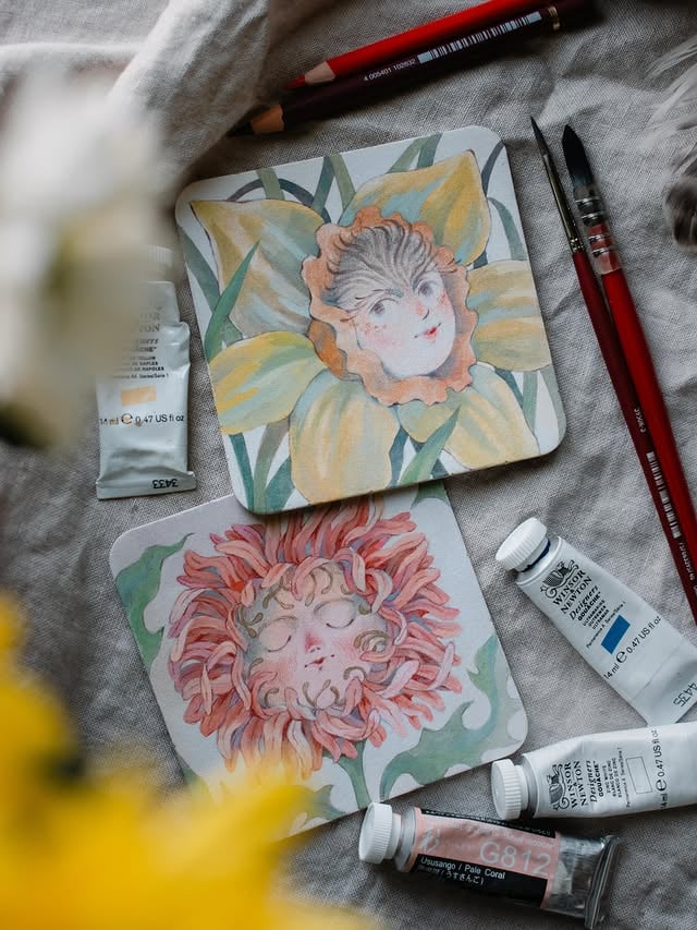 A peek at my coasters for @nucleusportland’s 11th annual SALUT! show opening June 7th! 🌼🌸 Both will be available for purchase as well! by @taryndraws