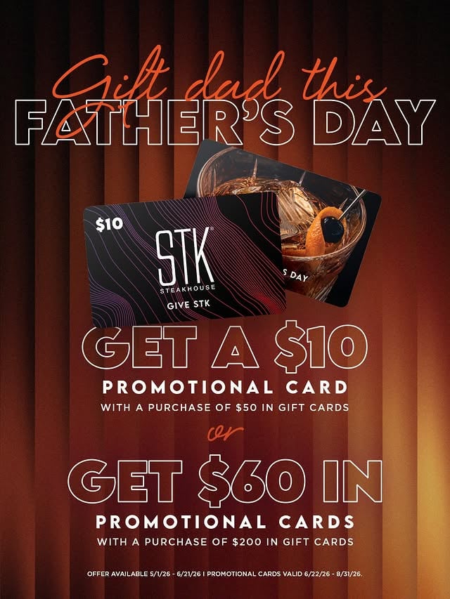 Keep it classic, keep it STK. 🥃 Reserve now for Father’s Day and treat Dad to steak, cocktails, and STK gift cards—$10 back on $50 or $60 back on $200. by @eatstk