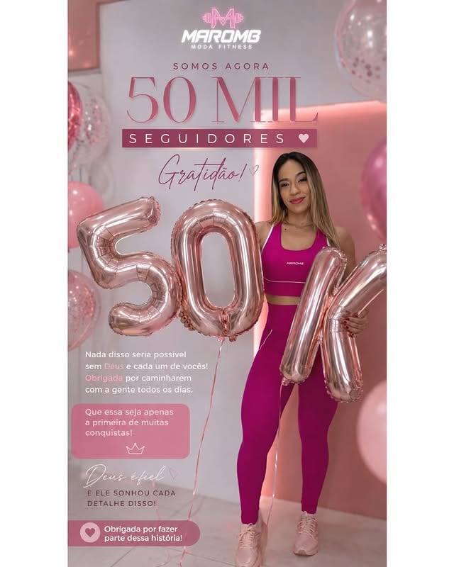 Hoje o meu coração transborda de gratidão. ❤️Chegar aos 50 mil seguidores é muito mais do que alcançar um número. São 50 mil pessoas que, de alguma forma, acreditam no meu trabalho, acompanham minha trajetória e fazem parte da história da Maromb Moda Fitness.Olho para trás e vejo o quanto Deus foi fiel em cada etapa dessa caminhada. A Maromb nasceu de um sonho, e todos os dias eu me dedico para transformar esse sonho em realidade. Foram dias de muito trabalho, dedicação, desafios, aprendizados e, acima de tudo, muita fé.Nada disso seria possível sem a mão de Deus guiando cada passo e sem cada cliente que escolheu confiar em nós. Vocês são a razão de tudo isso acontecer.Cada compra, cada mensagem, cada curtida, cada compartilhamento e cada palavra de carinho tiveram um papel importante nessa conquista.Meu muito obrigada a Deus e a cada uma de vocês que caminham conosco. Que esses 50 mil sejam apenas o começo de tudo o que Ele ainda tem preparado para nós. 🙏✨Deus é fiel. E essa conquista também é de vocês! ❤️Com amor e gratidão,Jessica | Maromb Moda Fitness by @marombmodafitness