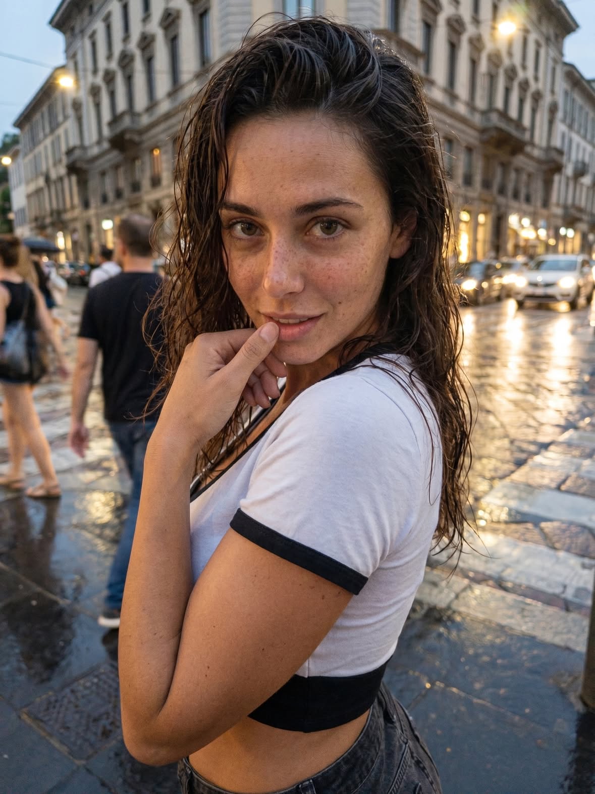 A realistic summer carousel in Milan following Lolly through an entire afternoon with her old friend Giulia. Wet hair, tiny cafés, pharmacies, messy elevator selfies, street corners, dumb faces, blurred night shots and casual moments around the city. White crop top with black trim, black denim shorts, natural skin texture and spontaneous expressions throughout the sequence. The atmosphere feels private, nostalgic and playful, like two former classmates slipping back into their old dynamic for one day.