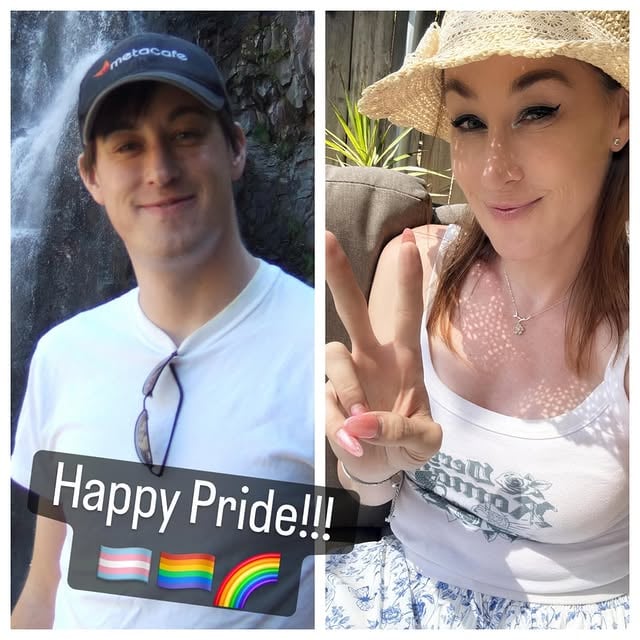 First pic is 2006. Second is today!!! 🏳️‍⚧️❤️💕 So genuinely thankful I get to be on this journey. This month we must celebrate harder than ever!!! Drown out the hate. Whether they try to use politics, religion, or ridiculous made up statistics, conservatives and MAGA can’t erase us. We WILL prevail. WE HAVE THE POWER OF THE TRANS AGENDA!!! As Temu Annoying Orange loves to say: TRANSGENDER FOR EVERYONE!!! 😂😂😂
 🏳️‍🌈🏳️‍⚧️🌈 #pride #pridemonth #trans #transformation #8647