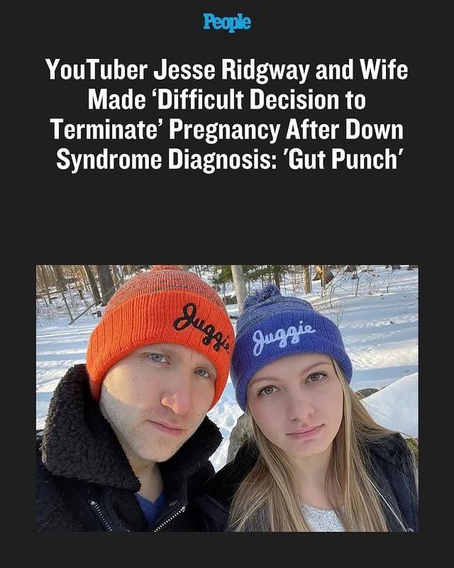YouTuber Jesse Ridgway and his wife Ashley are opening up about their decision to end Ashley's pregnancy after receiving a fetal Down syndrome diagnosis.

"This week, my wife and I made the very difficult decision to terminate the pregnancy due to Trisomy 21," wrote Jesse. "The choice was not made lightly." Tap the link in bio for the full story.

📷: Jesse Ridgway/Instagram