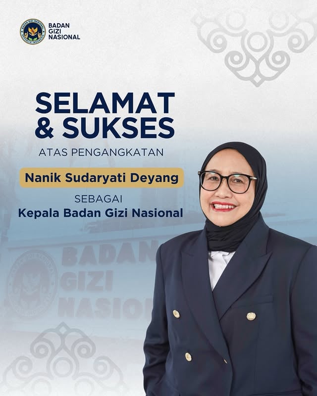 Segenap Keluarga Besar Badan Gizi Nasional mengucapkan selamat dan sukses kepada Ibu Nanik Sudaryati Deyang atas pengangkatan sebagai Kepala Badan Gizi Nasional.

Selamat mengemban tugas dan amanah baru dalam memimpin implementasi program pemenuhan gizi nasional demi mewujudkan generasi bangsa yang sehat, kuat, dan berkualitas menuju Indonesia Emas 2045.

Semoga Tuhan Yang Maha Esa senantiasa memberikan kesehatan, kekuatan, dan kelancaran dalam menjalankan amanah ini.

#BadanGiziNasionalRI 
#MakanBergiziGratis 
#GenerasiEmas2045
#GiziSehatuntukIndonesia