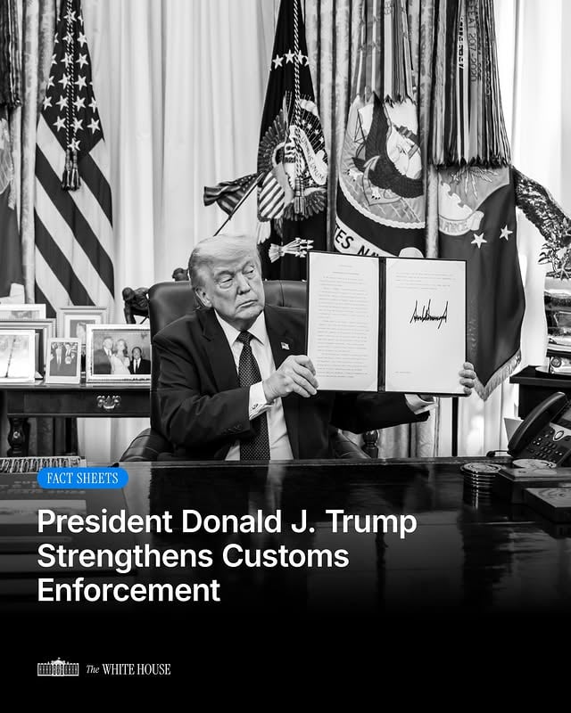 From the border to trade, President Trump is protecting AMERICAN industry.Today, he signed an Executive Order using advanced technology to strengthen customs enforcement - stopping contraband, illegal goods, & unfair imports. America First, always. 🇺🇸 by @potus