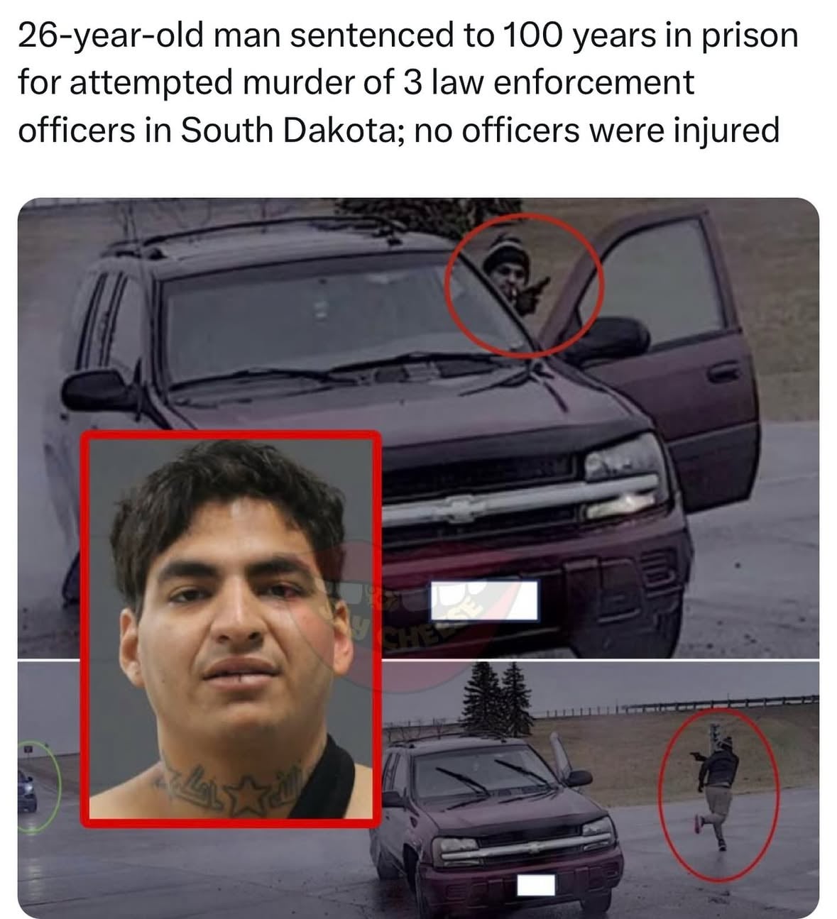 Samir Albaidhani, 26, has been sentenced to 100 years in prison after being convicted of attempting to murder three law enforcement officers.

Authorities say Albaidhani led police on a high-speed chase before crashing and opening fire on pursuing officers. Prosecutors said he fired multiple shots at law enforcement before attempting to flee on foot.

A South Dakota Highway Patrol trooper eventually stopped Albaidhani, and after authorities say he reached for a weapon, the trooper shot him in the arm. Albaidhani was convicted on multiple felony charges, including three counts of Attempted First-Degree Murder of a Law Enforcement Officer.
