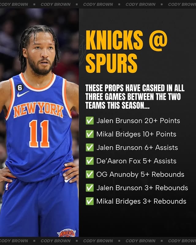 💯 Knicks @ Spurs Hit RatesThe Knicks and Spurs played three times this season, and these seven props cashed in every game…Who will you be tailing tonight?21+ Only. by @codybrownpicks