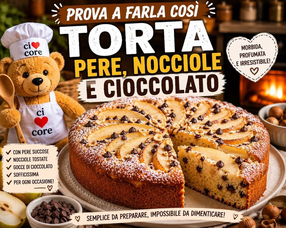 Torta Nocciole, Pere e Gocce di CioccolatoUna torta che profuma di pasticceria, soffice e golosa, con un abbinamento che piace sempre.Ingredienti* 3 uova* 180 g di zucchero* 120 ml di olio di semi* 250 g di farina 00* 100 g di nocciole tritate* 2 pere mature* 100 g di gocce di cioccolato* 1 bustina di lievito* 100 ml di latte* Zucchero a velo q.b.Procedimento1. Monta le uova con lo zucchero.2. Aggiungi olio e latte.3. Unisci farina, nocciole e lievito.4. Incorpora le pere tagliate a cubetti e le gocce di cioccolato.5. Versa nello stampo da 24 cm.6. Decora con qualche fettina di pera.7. Cuoci a 175°C per circa 40-45 minuti.8. Lascia raffreddare e spolvera con zucchero a velo.#TortaPereENocciole #DolciFattiInCasa #TortaSoffice #RicetteDolci #Cioccolato #Nocciole #ChefSimoneBuzzi #ciaocore by @chef_simone_buzzi