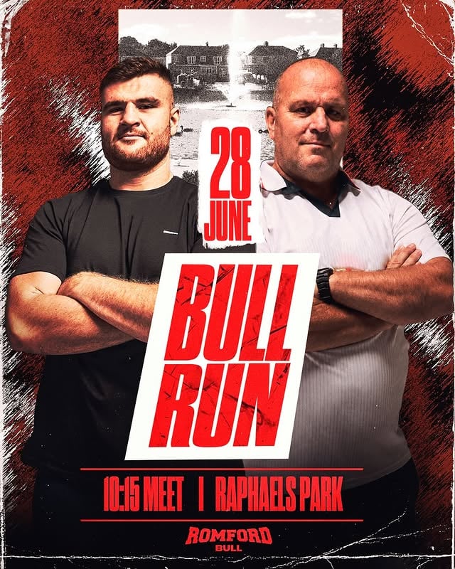 Romford Bull Run 28 June this time at Raphaels Park. Meet by the tennis courts 10:15AM. Run/walk it’s your choice and we will have drinks after 👊🏻🐂 by @johnnyfisher1