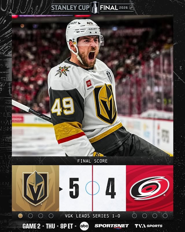 VEGAS TAKES GAME 1 OF THE #STANLEYCUP FINAL 🗣️

Game 2 between the @vegasgoldenknights and @canes is THURSDAY at 8p ET on ABC, @sportsnet, & @tvasports!