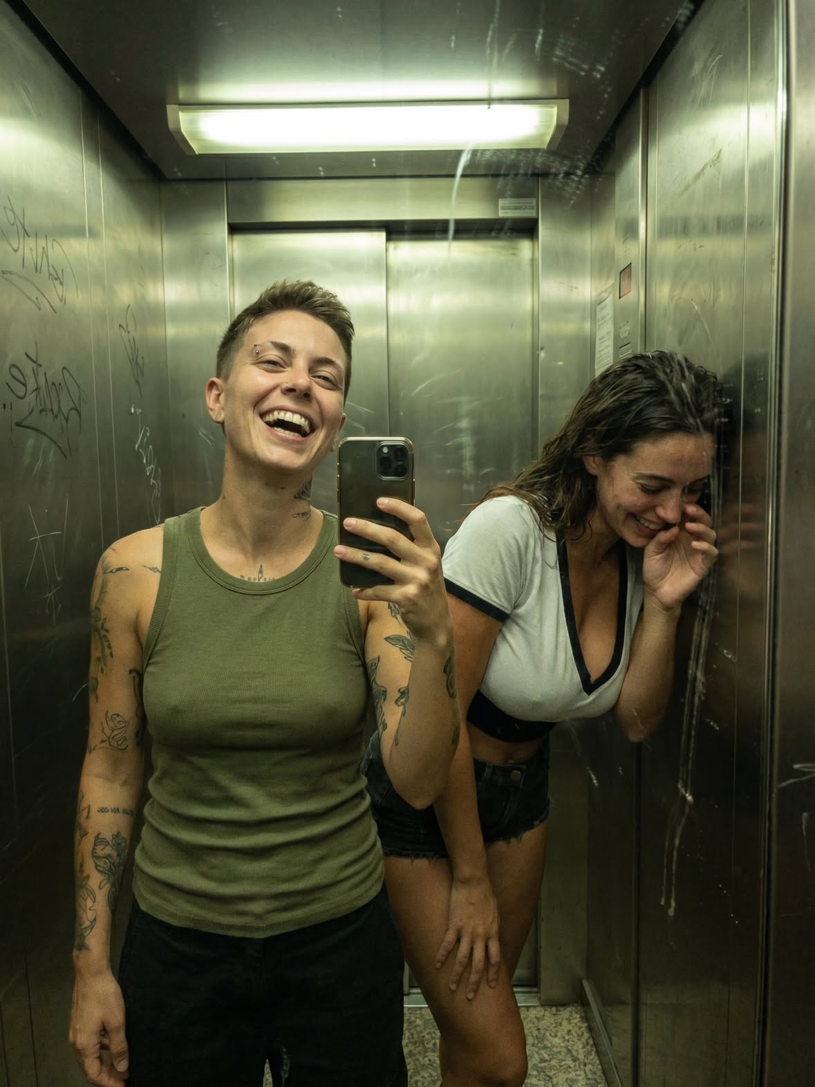 A realistic summer carousel in Milan following Lolly through an entire afternoon with her old friend Giulia. Wet hair, tiny cafés, pharmacies, messy elevator selfies, street corners, dumb faces, blurred night shots and casual moments around the city. White crop top with black trim, black denim shorts, natural skin texture and spontaneous expressions throughout the sequence. The atmosphere feels private, nostalgic and playful, like two former classmates slipping back into their old dynamic for one day.