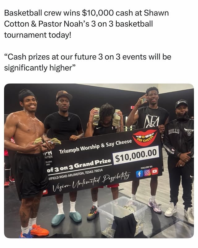 $10,000 CASH!!!! s/o to @mikexharden @isotae__ & @corymw13 for going 6-0 & winning our first annual 3 on 3 tournament! They won the Championship game in overtime 15-13!! Nearly 800 people came thru this weekend s/o to everyone for the support! Via @prophetnoah_ @shawncotton