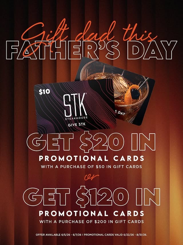A better way to do Father’s Day.Give the experience, get rewarded.$50 → $20 bonus$200 → $120 bonusFlash sale: 6/5/26–6/7/26 | Promo cards valid: 6/22/26–8/31/26 by @eatstk
