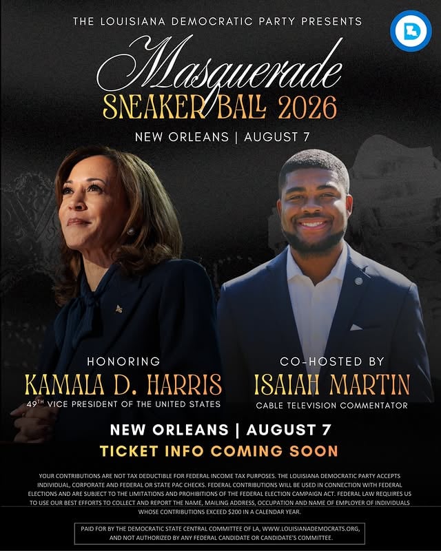 🚨BIG NEWS: @isaiahrmartin is co-hosting the final stop of our No More Silence: Road to the Polls Louisiana Teach and Vote Tour, and we are going out with a BANG! Join us August 7th in Downtown New Orleans for the Masquerade Sneaker Ball 2026, honoring Vice President @kamalaharris. This is more than just a party. It’s the final push of a massive statewide effort to teach, organize, and get Louisiana voters to the polls.We must organize everywhere and compete anywhere so every citizen has a voice on the ballot. Grab your sneakers, grab your mask, and let’s finish this fight.Stay tuned for tickets, sponsorship opportunities and more information about our Teach & Vote tour!#LaDemos by @isaiahrmartin