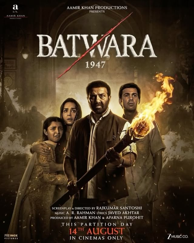 In times of hatred and fear, he chose courage.
Watch #Batwara1947 in theatres from 14th August 2026. 

Starring: @iamsunnydeol @realpz @azmishabana18 @alifazal9 @imkarandeol @sargam.singh44 @khhushihajare @kanikkakapur #AbhimanyuSingh
Direction & Screenplay: @rajkumarsantoshi.official 
Dialogues: @rajkumarsantoshi.official @wajahat_asghar 
Producers: Aamir Khan @aparnapurohit 
Music: @arrahman
Lyrics: @jaduakhtar 
DOP: @sivan_santosh 
Sound Design: @resulpookutty 
Editor: @sally_salgaonkar 
Associate Editor: @filmykaichee
Production Design: @subratachakraborty706 @amitsray 
Casting: @ghantaghartalkies 
Costume Design: @maximabasu 
Make Up: @yazminrodgerz 
Action: @official_ravivarma 
Associate Producer: Shreyas Khedekar 
Production Sound Mix: @ravidevsingh 
Media Consultant: @spicesocial
Executive Producer: @poojaa9g 
Marketing Head: @saankimaan 
Marketing Consultant: @neejudge
Publicity Design: Rahul Nanda 
First AD: @bijish06 
Director’s Assistant: @mountain_frame 
Colorist: Ashirwad Hadkar 
VFX Supervisor: Ajay S 
Accounts Head: Huzvak Batliwala
Financial Advisor: Bimal Parekh
