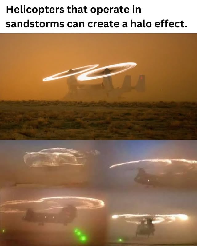 When helicopters fly through sandstorms or dusty conditions, tiny grains of sand strike the rotor blades at high speed, creating a halo of sparks known as the Kopp–Etchells effect. The glowing rings are most visible at night and are caused by metal particles being heated as the blades wear against sand in the air. ✨Follow for more✨ I am famous biologist. ⚠️ #science MoodByte_25 on reddit by @biologistmichael