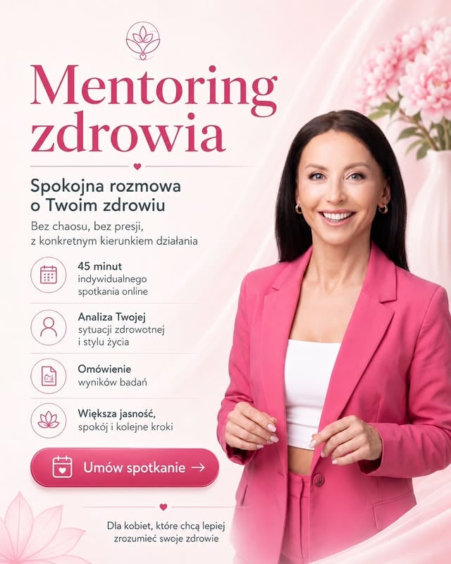 Mentoring zdrowia: Zdrowie kobiety 40 plus - to indywidualne spotkanie stworzone z myślą o kobietach, które często mówią: „nie wiem, od czego zacząć”, „byłam już u tylu specjalistów” i nadal czują się zagubione w temacie zdrowia.Podczas spotkania przyglądamy się Twojemu zdrowiu całościowo. W jednym miejscu zbieramy objawy, wyniki badań, dotychczasowe działania i styl życia, aby wspólnie stworzyć logiczny plan dalszego postępowania – bez zgadywania i działania na oślep.Jeśli posiadasz wyniki badań, możliwa jest ich analiza w kontekście zdrowia hormonalnego, sposobu odżywiania i suplementacji.Wskazuję, co jest w porządku, co warto zmienić, jakie badania rozważyć dalej oraz do jakich specjalistów ewentualnie się udać.Skomentuj: 𝗠𝗘𝗡𝗧𝗢𝗥𝗜𝗡𝗚 po więcej informacji.marka własna by @wierzbicka_zdrowie40plus