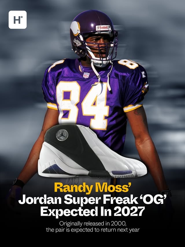 Randy Moss’ legendary Jordan Super Freak is making a comeback 👀 

Originally released in 2000 during Moss’ prime with the Minnesota Vikings, the Jordan Super Freak ‘OG’ is expected to return in Spring 2027. The cult-favorite trainer remains one of Jordan Brand’s most iconic football-related releases and helped cement the connection between His Airness and one of the NFL’s most electrifying stars.

Tap the link in our bio for more details. Photos via Getty Images, Andscape, @eastbay.archive, and Nike.
h/t @sneakerfiles @sneakermarketro.