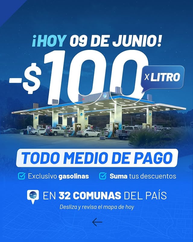 🚗 Hoy, nuevas comunas con -$100 x litro.Aprovecha el beneficio en gasolinas 93, 95 y 97:✔️ Con cualquier medio de pago✔️ Acumulable con otros descuentos📍Revisa el mapa y descubre dónde está disponible.#Copec by @copec_cl