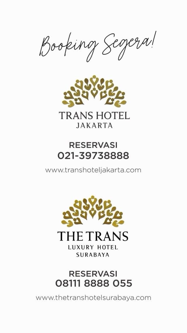 Dari Jakarta hingga Surabaya, Trans Hotel Group menghadirkan pengalaman stay premium dengan akomodasi yang nyaman, fasilitas lengkap, dan pelayanan terbaik yang dirancang untuk mendukung setiap momen spesial Anda di setiap kota.Harga mulai dari IDR 999.000 nett per malam hingga 19 Juni 2026 untuk pengguna Allo PayLater, Kartu Kredit Bank Mega, dan Kartu Kredit Bank Mega Syariah.Lengkap dengan benefit tambahan hingga diskon dining 50% khusus pengguna Allo PayLater.Reservasi:Trans Hotel Jakarta0811-1080-8888 atau transhoteljakarta.comTrans Hotel SurabayaWhatsApp 0811-1888-8055 atau thetranshotelsurabaya.com#TransHotelJakarta #HotelJakarta #MICEJakarta #EventJakarta #BallroomJakarta StaycationJakarta LuxuryHotel Transhotelgrouptransluxuryhotelsurabayatransluxuryhotelpromohoteltravelsurabayaexploresurabaya by @dreamboxindonesia